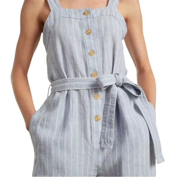 Everlane Linen Striped Button Up Jumpsuit Women's 4 Blue Tie Waist Boho Coastal - Picture 2 of 16